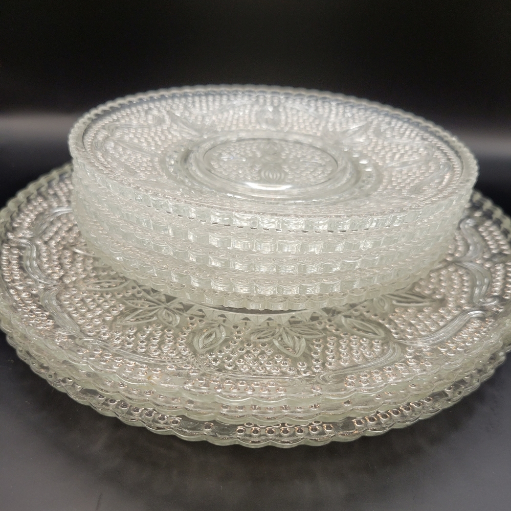 Set of Vintage Depression Clear Glass Dessert Plate Qty 3, and Saucers. QTY 4.